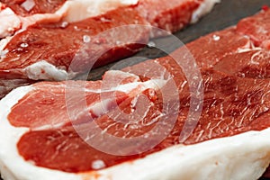 Close up of fresh uncooked rib eye steak