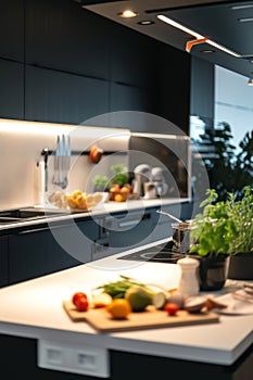 Close-up on fresh vegetables and herbs on cutting board in a contemporary kitchen with natural light.