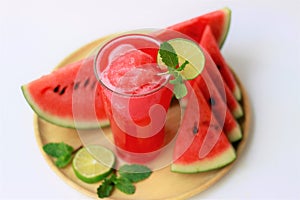 Close-up fresh watermelon juice in glass, healthy drinks, suit for summer, on white background