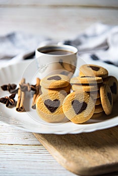 Close up of freshly baked cookies and coffee