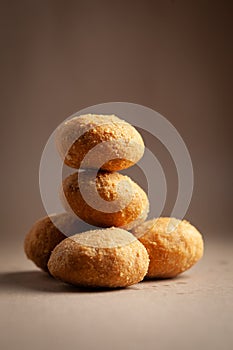 Close-up of freshly baked spicy Dry kachori or crunchy balls filled with spicy dry chutney traditionally authentic Rajisthani and