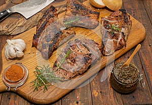 Close up of freshly cooked pork Secreto iberico with chimichurri