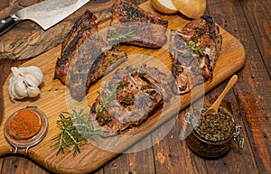 Close up of freshly cooked pork Secreto iberico with chimichurri photo