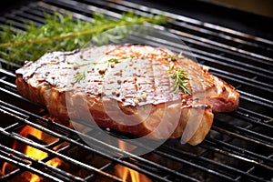 close up of a freshly grilled t-bone steak on a metal grill