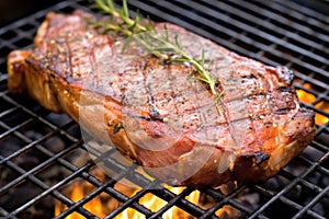 close up of a freshly grilled t-bone steak on a metal grill