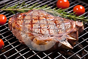 close up of a freshly grilled t-bone steak on a metal grill