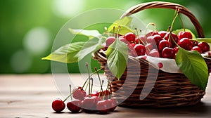 close-up freshly picked cherries and cherries leaves in a basket on a wooden table, an atmosphere with soft and white tones