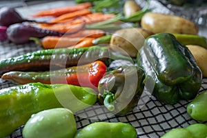 Close-up of freshly picked vegetables. Organic vegetebles on a table: zucchini, beets, peppers, potatoes, carrots on a