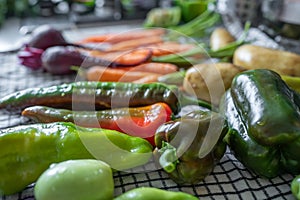 Close-up of freshly picked vegetables. Organic vegetebles on a table: zucchini, beets, peppers, potatoes, carrots on a