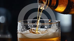 Close-up of a freshly poured glass of light beer with foam on a bar counter