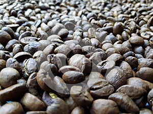 Close-up of freshly roasted brown aromatic coffee beans.