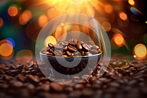 Close-up of freshly roasted coffee beans on a wooden table