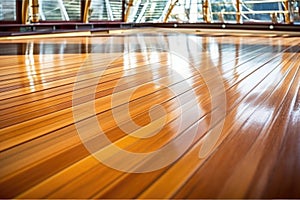 close-up of freshly varnished yacht decking in assembly room