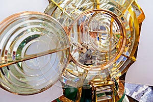 Close-up on a Fresnel optic system and light bulbs of a lighthouse