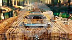 Close up of the fretboard of an electric guitar with shallow depth of field