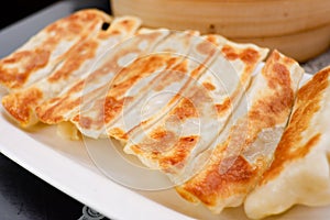 Close up of fried japanese gyoza dumplings