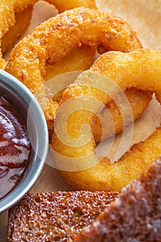 Close-up fried squid rings with bread