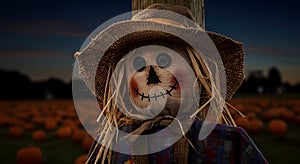 Friendly Scarecrow in Pumpkin Patch at Dusk