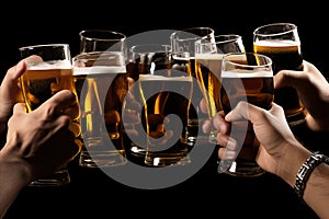 Close up of friends toasting with full beer glasses, socializing and celebration concept