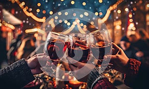 Close up of friends toasting with glasses of warm mulled wine at a festive Christmas market