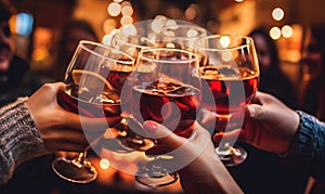 Close up of friends toasting with glasses of warm mulled wine at a festive Christmas market