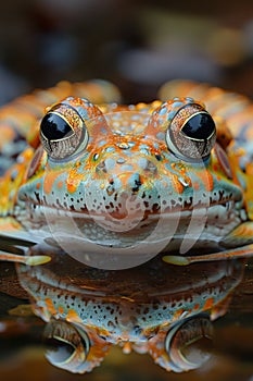 A close up of a frog with big eyes and black spots, AI