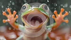 A close up of a frog with its mouth open and water droplets falling, AI