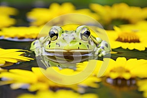 close-up of frog on lily pad in pond