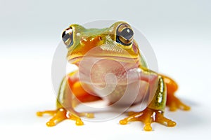 Close up of frog on white surface with white background. Generative AI