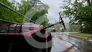 A close-up of the front car, which was accident, collided with an electric pole until it was severely damaged.