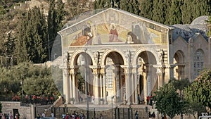 Close up of the front of the church of all nations in jerusalem