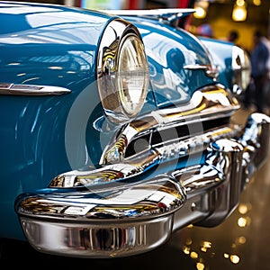 a close up of the front of a classic blue car