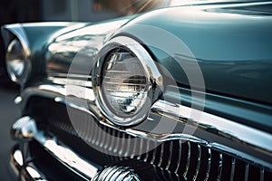 a close up of the front end of a classic car