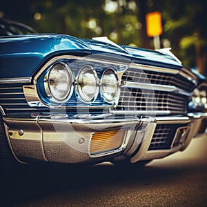 a close up of the front end of a classic car