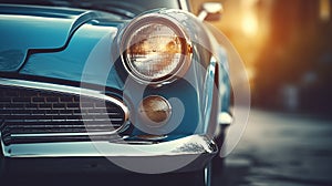 A close-up of the front headlight. Front view of a blue luxury retro car. Old School blue car headlight