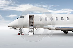 Close-up of the front of the modern white business jet with an opened gangway door isolated on bright background
