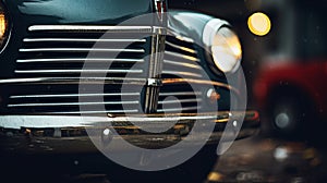 a close up of the front of an old car