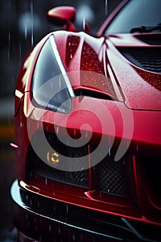 Close up of the front of red sports car in the rain. Generative AI