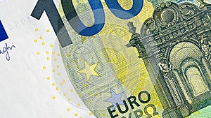 Close-up of the front side of the 100 euro banknote. The single currency of the European Union. One hundred euros. Background of