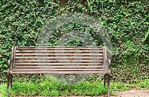 Close up front view of blank old wooden bench in the city park