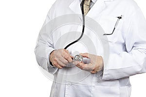 Close up front view of a doctor adjusting his stetoscope