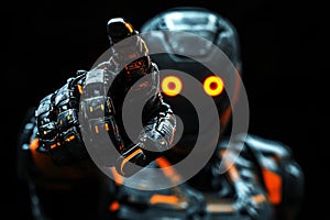 a AI robot index hand pointing out on blur background.