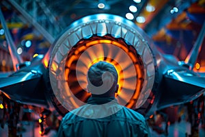 Close-up front view of jet fighter engine. Running aircraft engine turbine emits an open flame. Engineer checking the