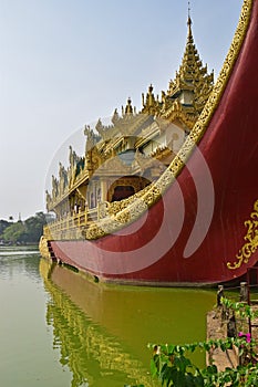 Close up Front View of Karaweik Palace at Kandawgyi Lake, Yangon, Burma