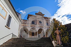 Close up front view of Madonna del Sasso church above Locarno city oa sanctuary and pilgrimage church in Orselina, in autumn on