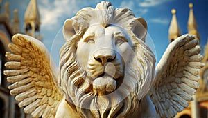 Statue of the Winged Lion of Saint Mark Against a Blue Sky with Clouds - Generative Ai