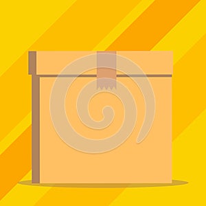 Close up front view open brown cardboard box isolated with lid sealed. Blank background. Flat style. Carton texture