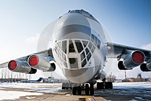 Close-up front view of widebody cargo aircraft in a cold winter airport photo