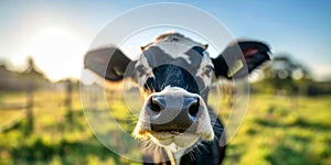 close up frontal portrait of a cow staring at camera, calf snout closeup in green farm field surroundings, copy space