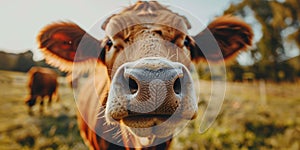 close up frontal portrait of a cow staring at camera, calf snout closeup in green farm field surroundings, copy space